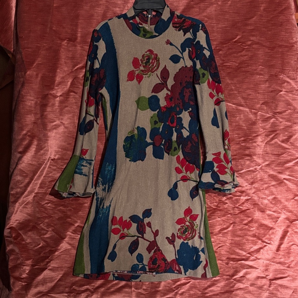 Grace Elements Tan Dress with Red and Blue Floral Accents